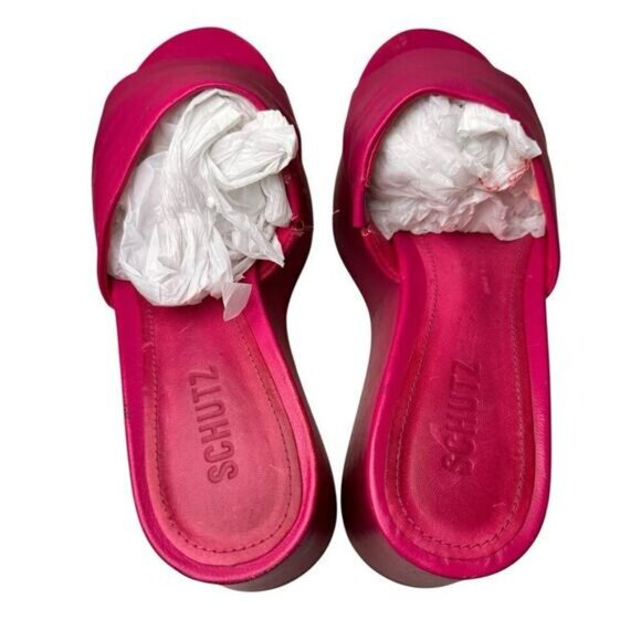 Schutz Hot Pink Leather Platform Wedge Sandals Sz 7.5 Barbie Y2K Chunky Festival - Picture 13 of 16